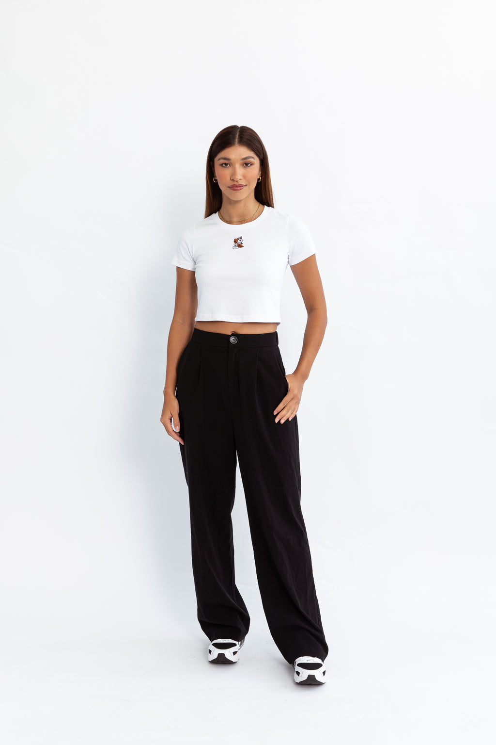 A white kohz crewneck bb crop t-shirt with embroidery on the chest.