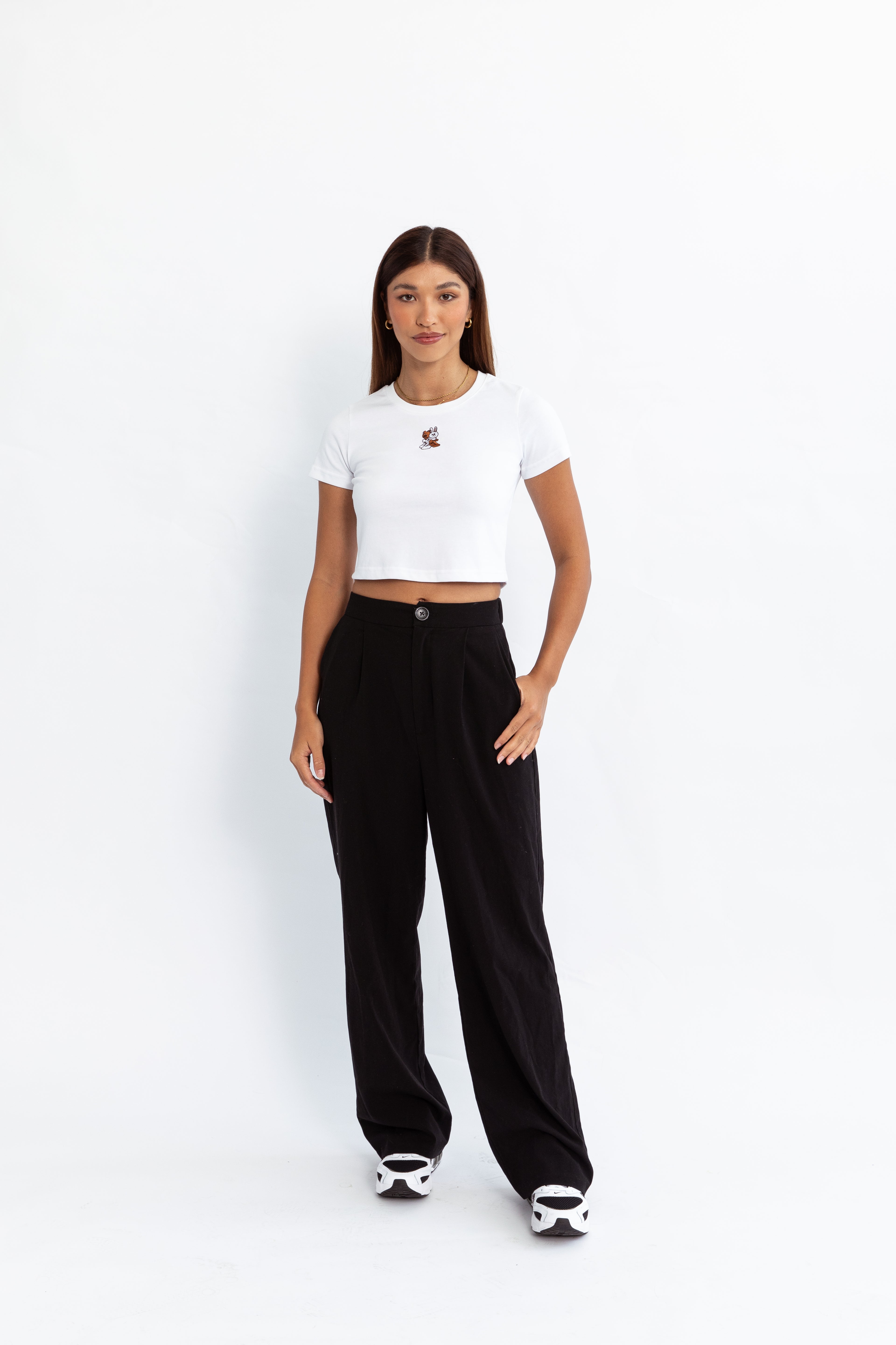 A white kohz crewneck bb crop t-shirt with embroidery on the chest.